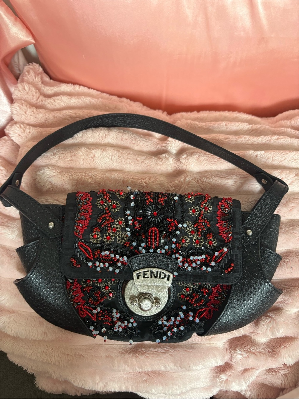 Fendi Black Shoulder Bag with Red and Silver Beading